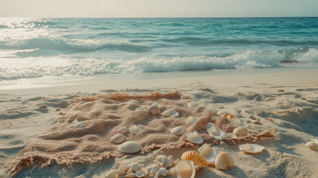 A serene beach scene featuring a woven fabric with scattered seashells on golden sand, framed by gentle ocean waves under a warm sunlight glow.の素材
