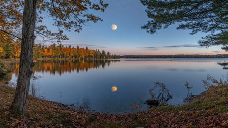 A serene autumn lake at dusk with a stunning moon reflection and vibrant foliage. Experience the tranquility of nature in this picturesque scene.の素材