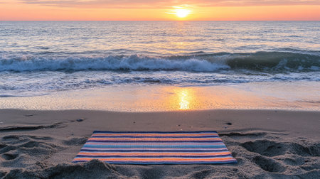 A peaceful beach scene featuring a colorful towel on the sand at sunset. The calm ocean waves lap at the shore, creating a serene atmosphere. Perfect for relaxation or vacation-themed projects.の素材