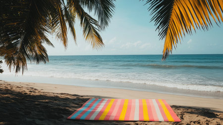 A vibrant beach scene featuring a colorful striped mat under palm trees, with a tranquil ocean view and gentle waves, perfect for relaxation.の素材