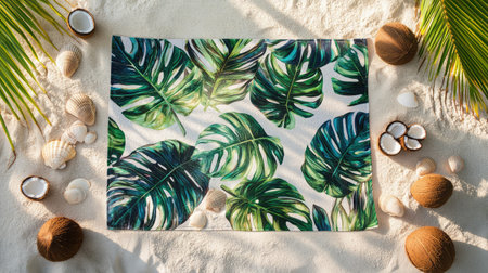 A vibrant arrangement of tropical leaves and seashells on sandy surface, perfect for summer-themed projects, beach decor, or nature photography.の素材