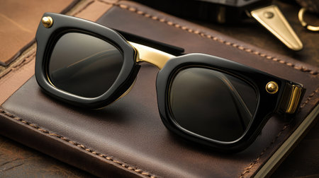 A chic pair of black sunglasses with gold accents rests on a leather notebook, showcasing modern elegance and style perfect for any outfit or occasion.の素材