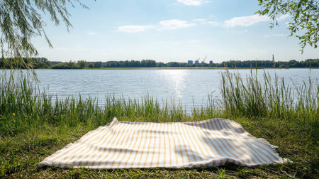 A serene lake view featuring a striped blanket on lush green grass, perfect for relaxation or a picnic on a bright, sunny day by the water.の素材