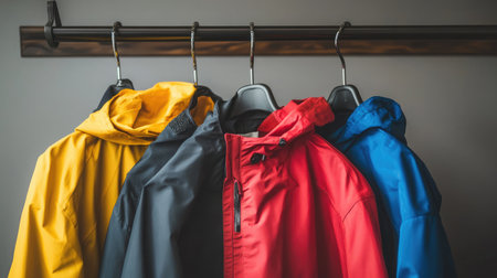 A collection of colorful rain jackets hanging on a rack, showcasing vibrant colors and modern design. Ideal for outdoor activities and stylish protection from the elements.の素材