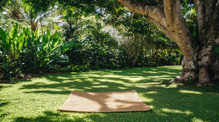 A serene outdoor space featuring a natural mat under a lush tree, surrounded by vibrant greenery. Perfect for relaxation and peaceful moments in nature.の素材