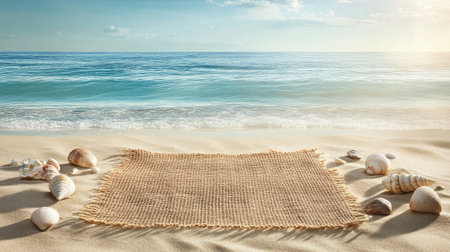 A tranquil beach scene featuring a natural mat surrounded by seashells, embodying peaceful relaxation by the ocean under a beautiful sky.の素材