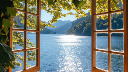 Enjoy a tranquil view of sunlight dancing on a serene lake from an open window, framed by lush trees and breathtaking mountains in the background.の素材