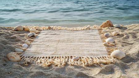 A serene beach scene featuring a woven rug surrounded by seashells on soft sand. Ideal for evoking relaxation and coastal beauty in summer settings.の素材