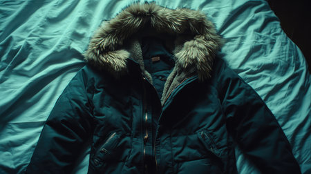 A cozy winter jacket with fur trim laid on soft bedding, showcasing comfort and style for chilly days. Perfect for fashion and lifestyle imagery.の素材