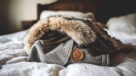 A cozy gray jacket with a fur collar rests softly on a bed. This inviting scene captures the essence of warmth and comfort, perfect for winter styling.の素材