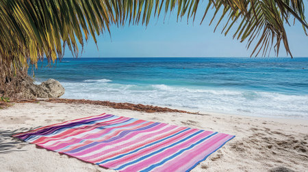 A vibrant beach blanket rests on a sandy shoreline, with gentle waves lapping in the background. Perfect for a serene tropical getaway or summer relaxation.の素材