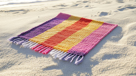 A colorful blanket laid out on sandy beach, perfect for sunbathing or relaxation. This vibrant scene captures the essence of summer and outdoor leisure.の素材