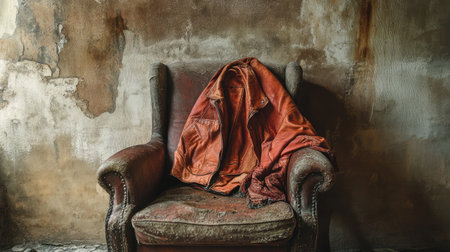 An intriguing vintage armchair dressed with a weathered leather jacket, set against a textured wall. This scene evokes a sense of nostalgia and story.の素材