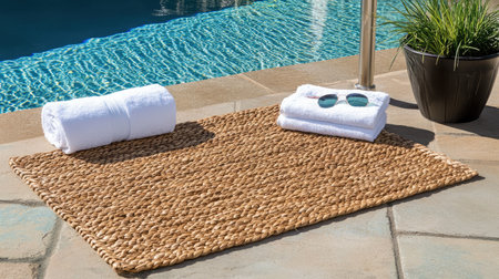 A tranquil poolside scene featuring a woven rug, fluffy towels, and stylish sunglasses, perfect for a relaxing summer day by the water.の素材