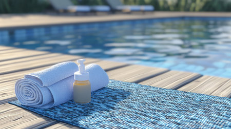 A tranquil poolside scene featuring a rolled towel and a skincare bottle on a blue mat. Ideal for relaxation and wellness in sunny environments.の素材
