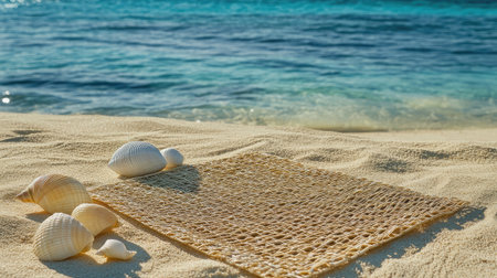 A serene beach scene featuring delicate seashells arranged on a woven mat, with crystal-clear ocean waters in the background, perfect for capturing the essence of summer vacations.の素材
