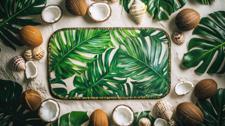 A vibrant composition featuring tropical leaves, natural shells, and decorative elements, perfect for summer-themed projects or beach-inspired designs.の素材