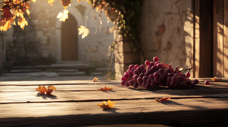 A serene composition of grapes resting on a wooden table, surrounded by autumn leaves. The warm sunlight creates an inviting atmosphere, perfect for showcasing nature's beauty.の素材