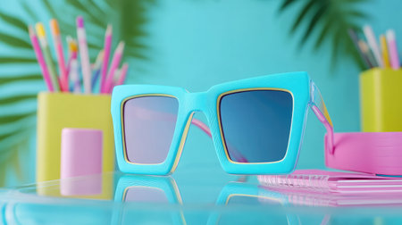 Vibrant blue sunglasses are featured against a colorful backdrop, highlighting a playful and stylish theme perfect for summer fashion and fun aesthetics.の素材