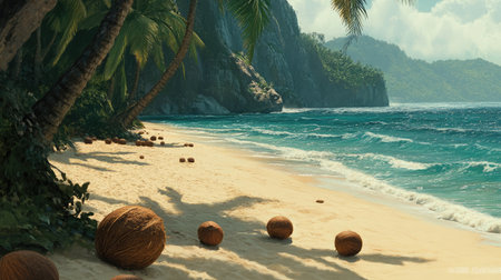 Discover a tranquil tropical beach scene featuring gentle waves, soft sand, and scattered coconut balls. Perfect for evoking relaxation and adventure.の素材