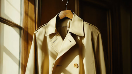A stylish beige trench coat elegantly hangs by a window, basking in natural sunlight. The garment showcases timeless fashion and sophisticated design.の素材