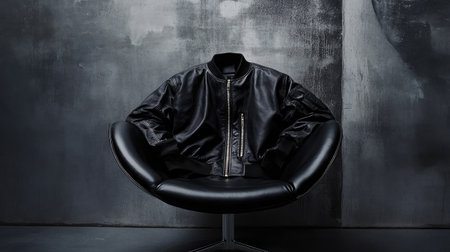 A stylish black leather jacket displayed on a modern chair in a minimalist setting, perfect for showcasing contemporary fashion and design aesthetics.の素材