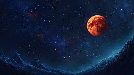 This captivating image features a bright red moon illuminating a dark mountainous landscape under a star-filled sky, evoking a sense of wonder and tranquility.の素材