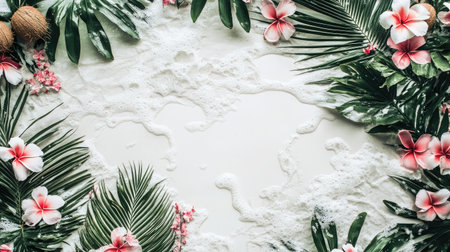 A serene flat lay featuring tropical leaves and pink flowers surrounding foam, creating a relaxing spa atmosphere ideal for wellness promotions.の素材