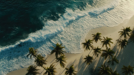 A stunning aerial view of a serene tropical beach featuring gentle waves lapping against the shore, lined with lush palm trees under the warm sun. Perfect for travel and relaxation themes.の素材
