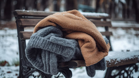 Warm and cozy blankets lie on a park bench during winter, offering a serene and inviting atmosphere. The snow gently covers the ground, creating a peaceful outdoor scene.の素材