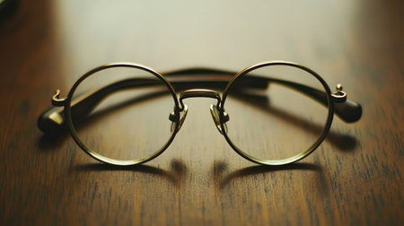 A pair of vintage round glasses rests on a wooden table, showcasing a beautiful interplay of light and texture, perfect for a nostalgic or artistic theme.の素材