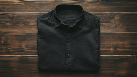A neatly folded black shirt displayed on a rustic wooden surface creates a stylish and elegant aesthetic, perfect for fashion and apparel presentations.の素材