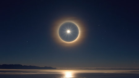 A breathtaking solar eclipse casts a glowing halo over a calm ocean, reflecting the night sky filled with stars. A truly magical celestial event.の素材