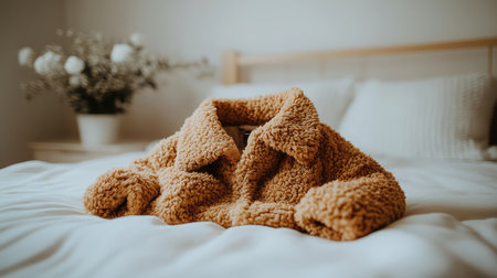 A cozy sherpa jacket rests on a bed, exuding warmth and inviting comfort. The soft texture and stylish design create a perfect atmosphere for relaxation.の素材