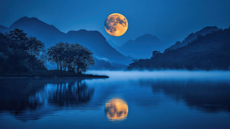 A breathtaking view of a full moon illuminating a tranquil lake, surrounded by mist and mountains. This serene scene captures the beauty of nature at night.の素材