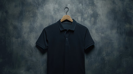 A stylish black polo shirt hung against a textured wall, perfect for showcasing modern fashion and minimalist design in clothing photography.の素材