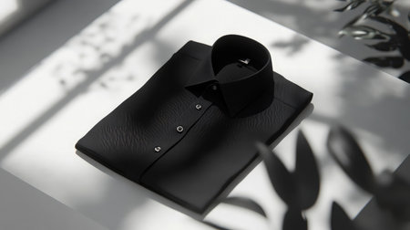 A stylish black shirt neatly arranged on a table, showcasing its elegant design under soft shadows. Perfect for fashion and lifestyle imagery.の素材