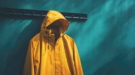 A bright yellow rain jacket with a hood hangs on a sleek wall, creating a vibrant visual contrast. Ideal for showcasing rain gear and fashion elements.の素材