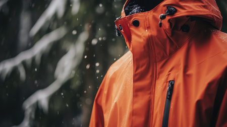 A bright orange jacket stands out in a snowy forest, capturing the essence of winter adventures. Perfect for outdoor gear and fashion photography.の素材