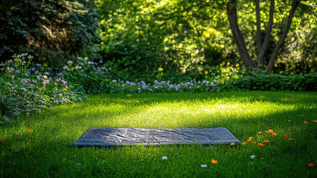 A serene outdoor space featuring a yoga mat on lush green grass, surrounded by vibrant flowers in a tranquil garden. Perfect for relaxation and mindfulness.の素材
