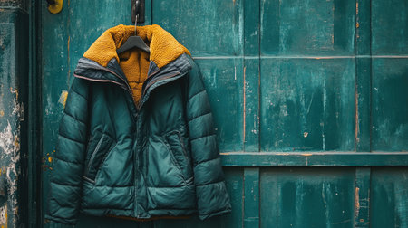 A warm padded jacket with a cozy fleece lining, hanging on a vintage wooden door, perfect for capturing the essence of winter fashion and casual style.の素材