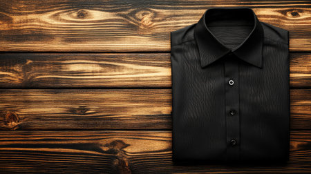 A neatly folded black shirt resting on a rustic wooden surface, showcasing elegant texture and simplicity, perfect for fashion and clothing photography.の素材