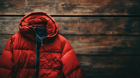 A cozy red jacket laid flat on a rustic wooden background, perfect for showcasing warmth and style. Ideal for seasonal fashion promotions and outdoor activities.の素材
