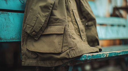 A stylish casual outdoor jacket rests on a rustic blue bench, showcasing its practical design and fabric texture, perfect for urban lifestyle and fashion.の素材