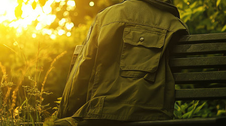 A green jacket rests on a park bench, illuminated by warm sunlight. This serene scene captures the essence of nature and tranquility, inviting reflection.の素材