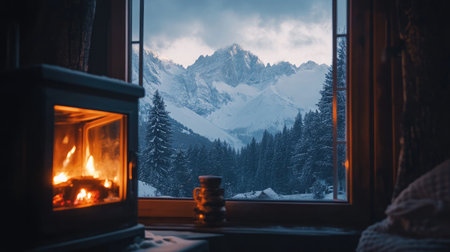 Enjoy a warm and cozy cabin retreat with a stunning view of snow-capped mountains and pine trees through a window, creating a serene winter atmosphere.の素材