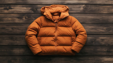 This cozy orange puffer jacket adds warmth and style to any winter outfit. Its soft fabric and hood provide comfort, making it perfect for cold days.の素材