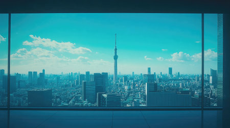 A stunning skyline view through a large modern window, showcasing a vibrant urban landscape. The iconic tower rises amidst a backdrop of blue skies and fluffy clouds.の素材
