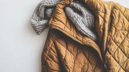 A cozy flat lay arrangement showcasing a warm brown jacket paired with a soft knit sweater, perfect for seasonal styling and casual outfits.の素材