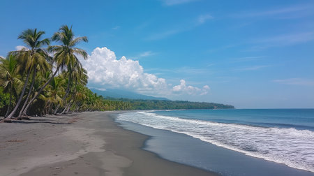 A beautiful beach scene featuring palm trees swaying in the gentle breeze under a bright blue sky. Perfect for capturing the essence of tropical serenity and relaxation.の素材